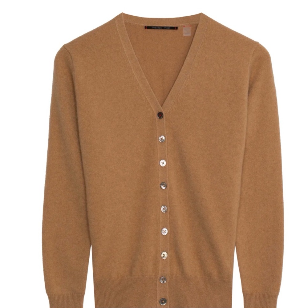 Brazeau Tricot Elegant Tan Women's Washable Cashier Cardigan Sweater small new